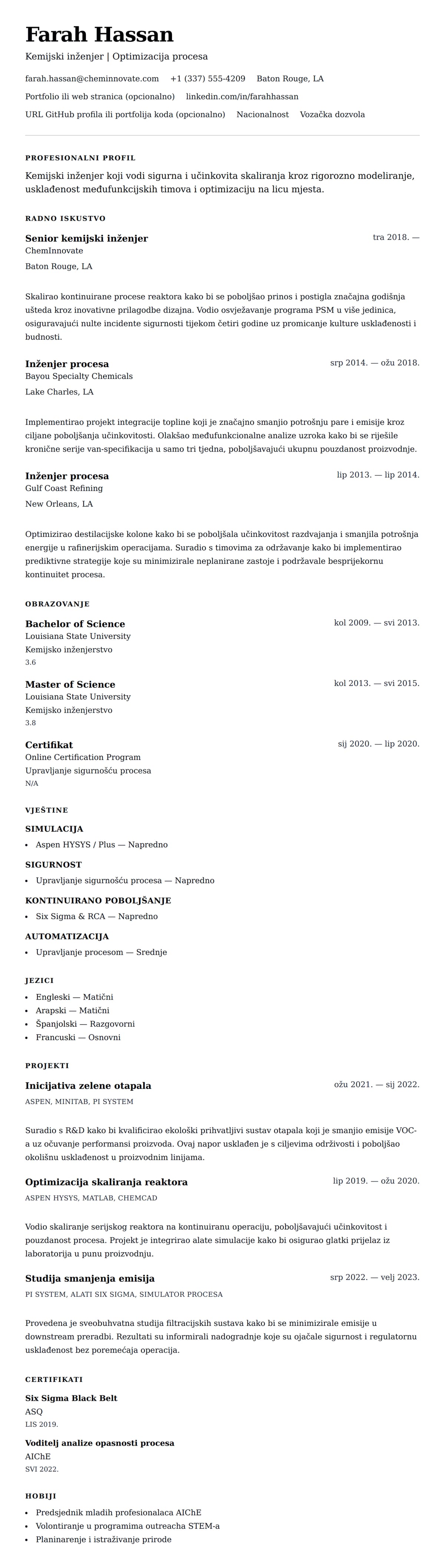 Pregled životopisa za Primjer životopisa kemijskog inženjera