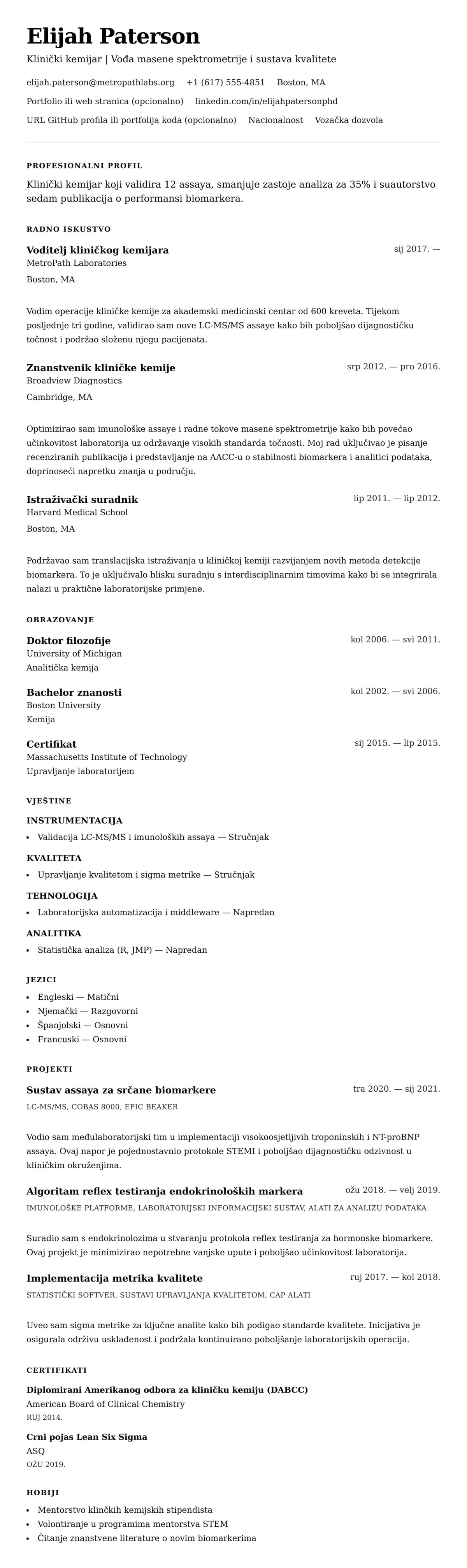 Pregled životopisa za Primjer životopisa kliničkog kemijara