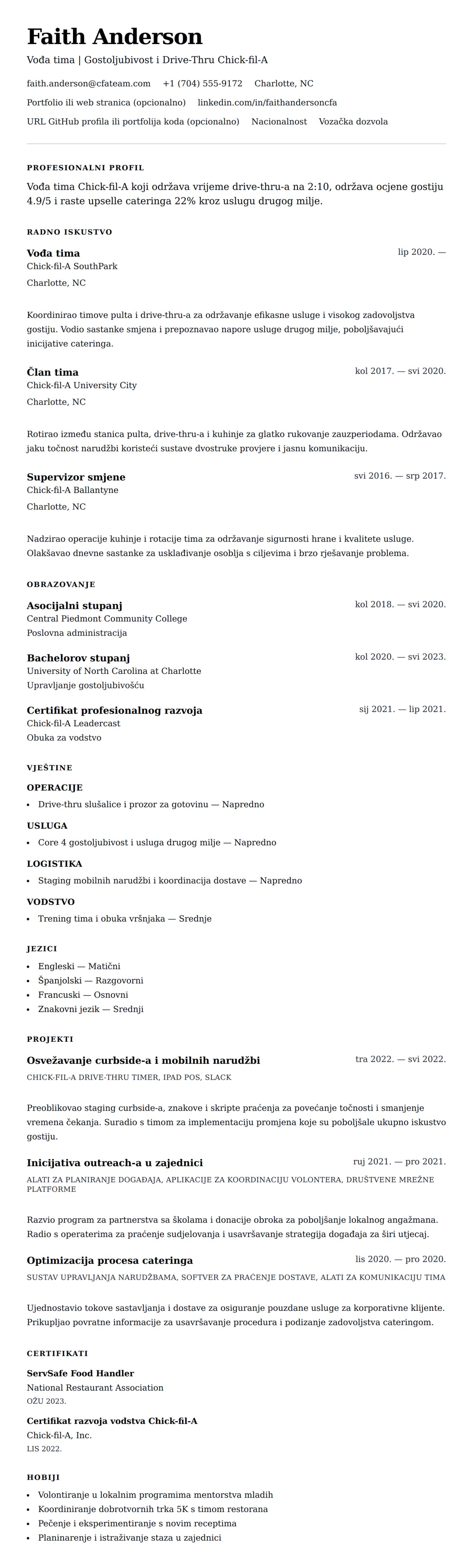 Pregled životopisa za Primjer životopisa za člana tima Chick-fil-A