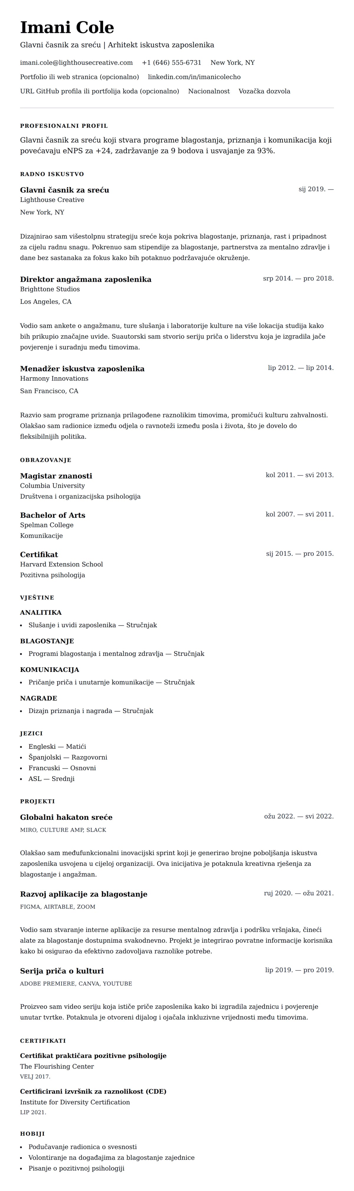 Pregled životopisa za Primjer životopisa Glavnog časnika za sreću (CHO)