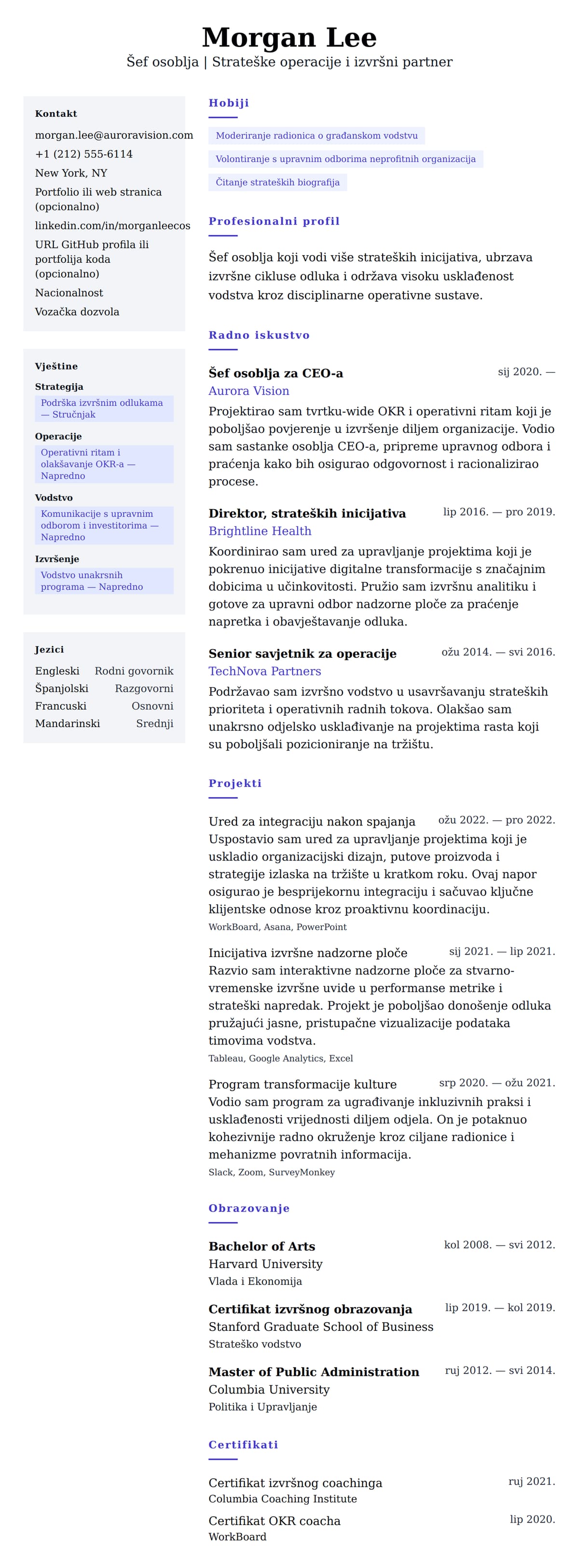 Pregled životopisa za Primjer životopisa za šefa osoblja