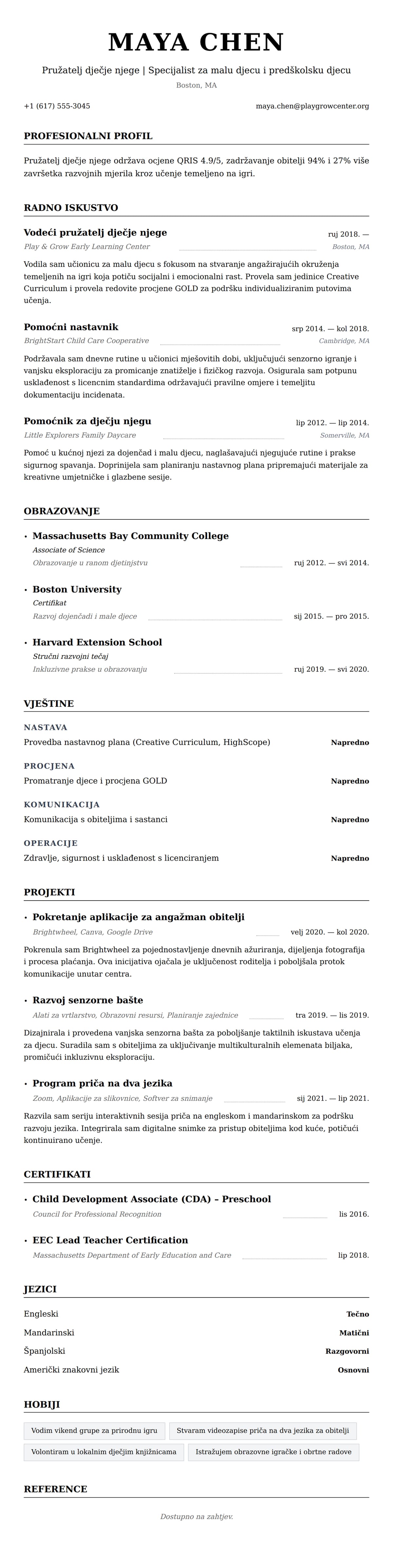 Pregled životopisa za Primjer životopisa za pružatelja dječje njege