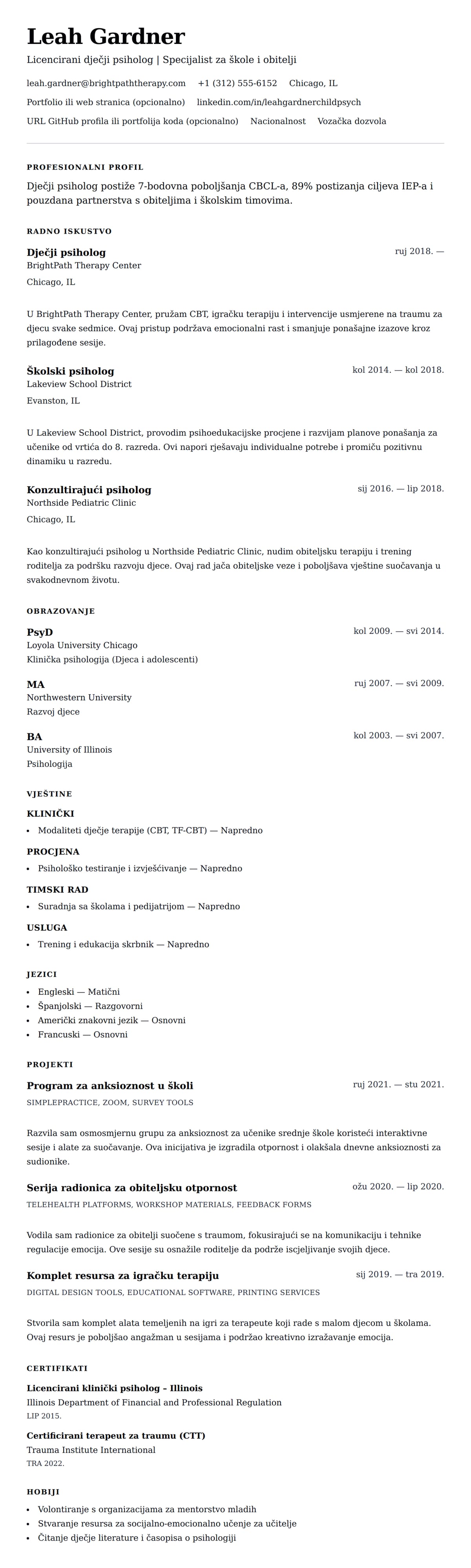 Pregled životopisa za Primjer životopisa dječjeg psihologa