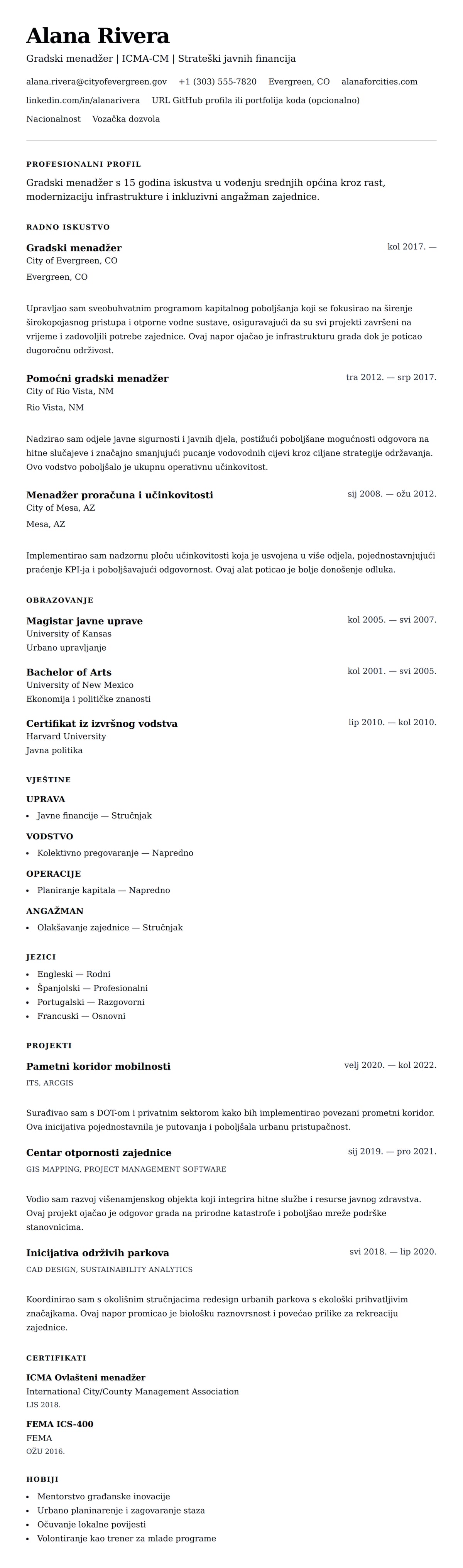 Pregled životopisa za Primjer životopisa gradskog menadžera