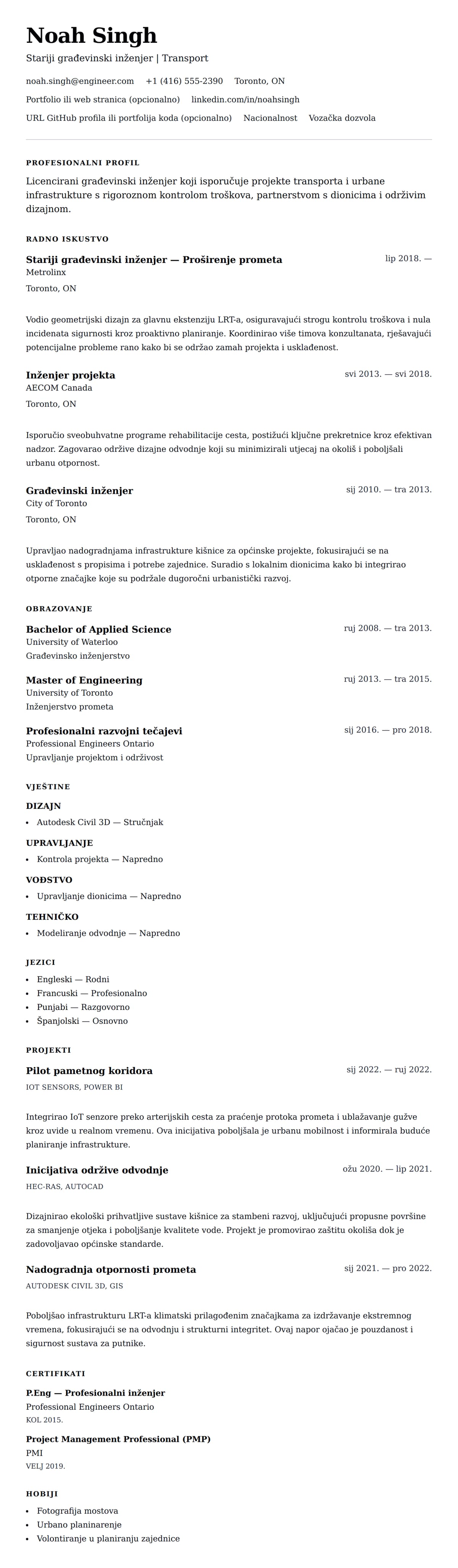 Pregled životopisa za Primjer životopisa građevinskog inženjera