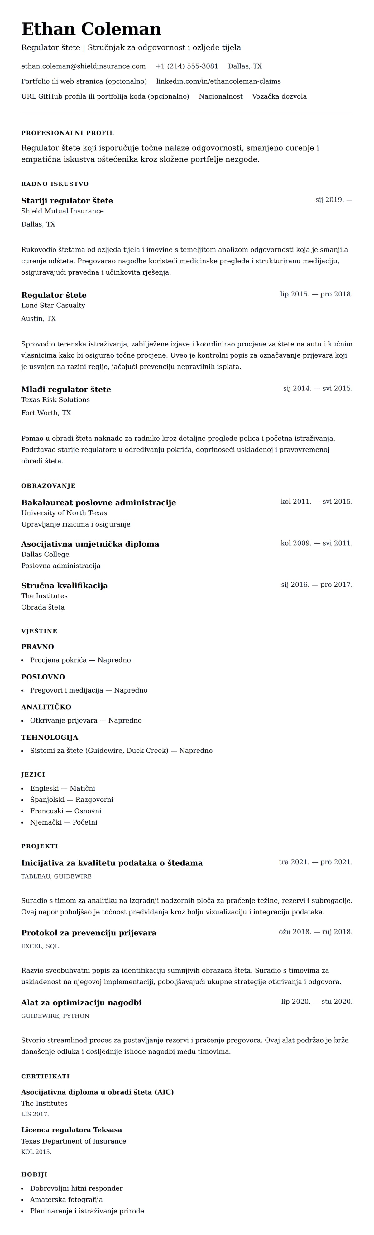 Pregled životopisa za Primjer rezimea regulatora štete