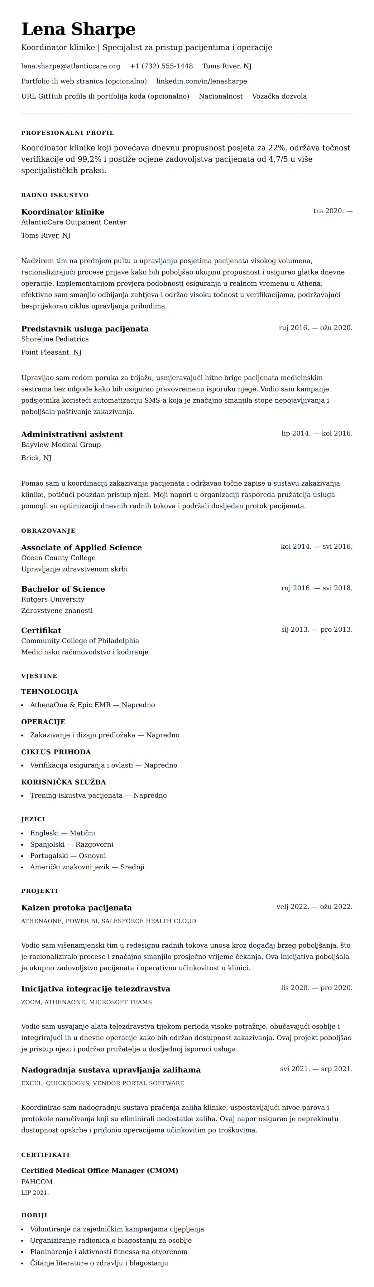 Pregled životopisa za Primjer životopisa koordinatora klinike