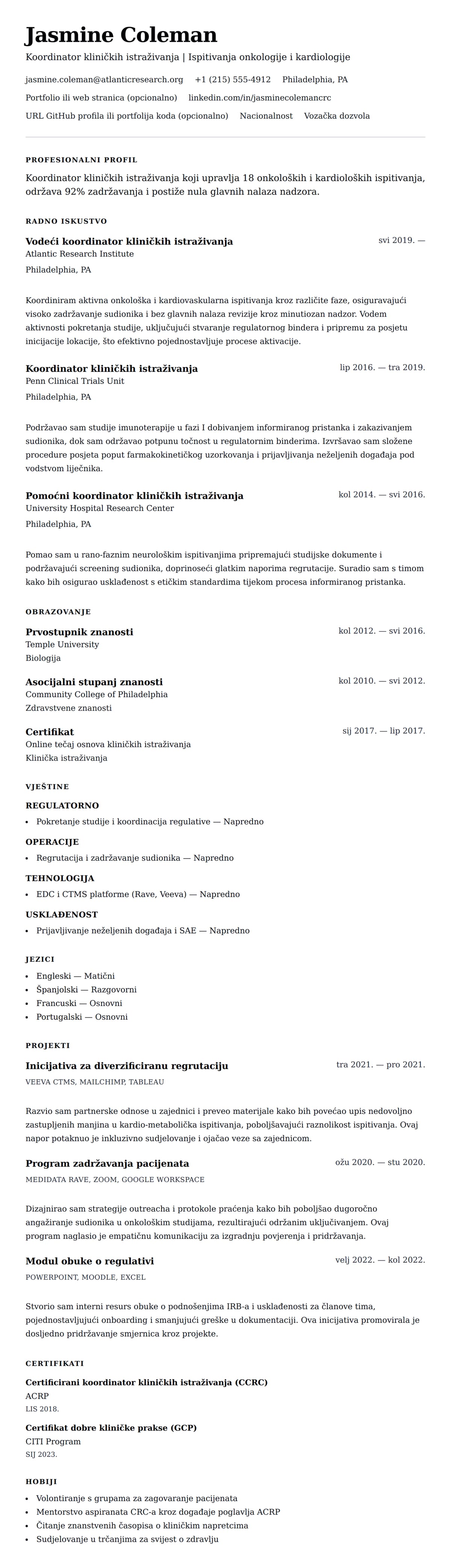 Pregled životopisa za Primjer životopisa koordinatora kliničkih istraživanja