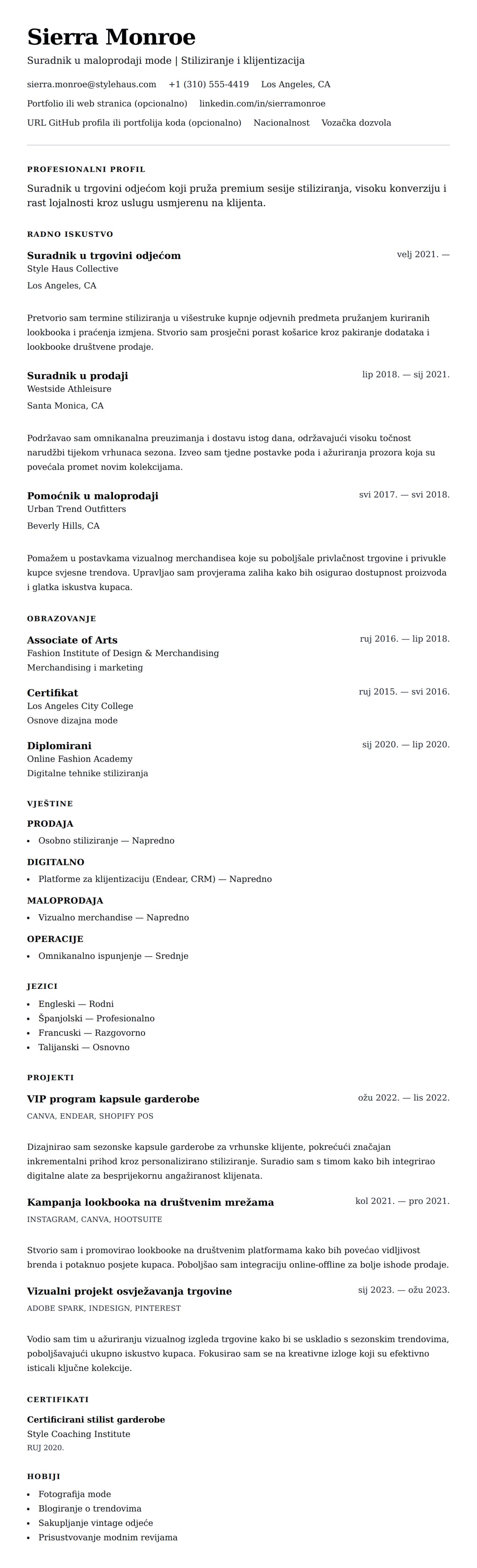 Pregled životopisa za Primjer rezimea za suradnika u trgovini odjećom