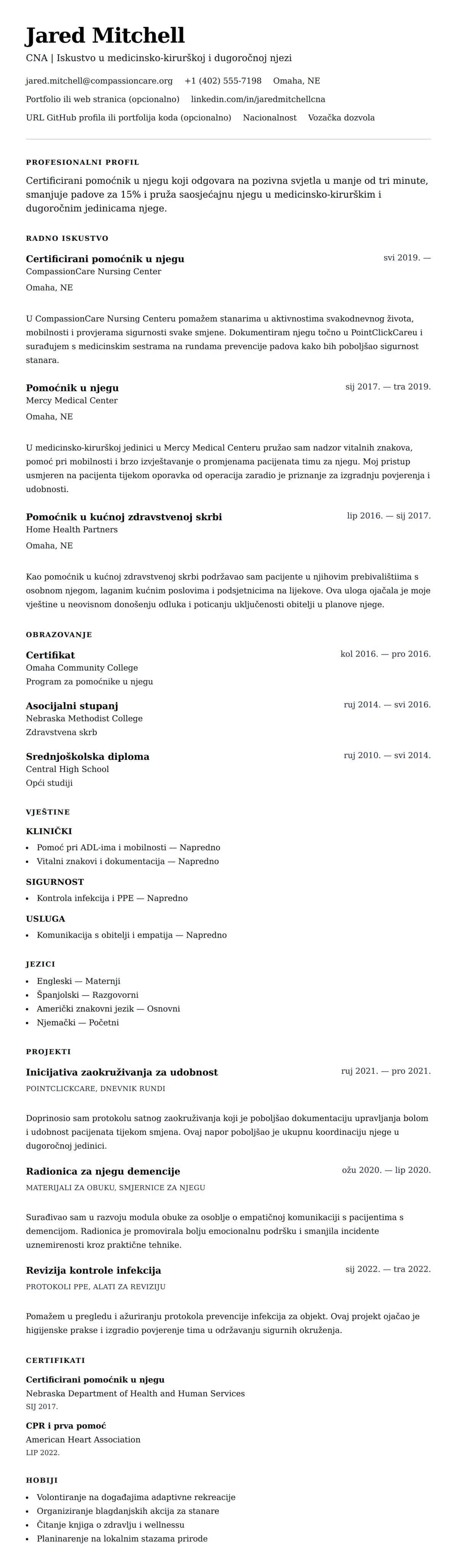 Pregled životopisa za Primjer rezimea za certificiranog pomoćnika u njegu (CNA)