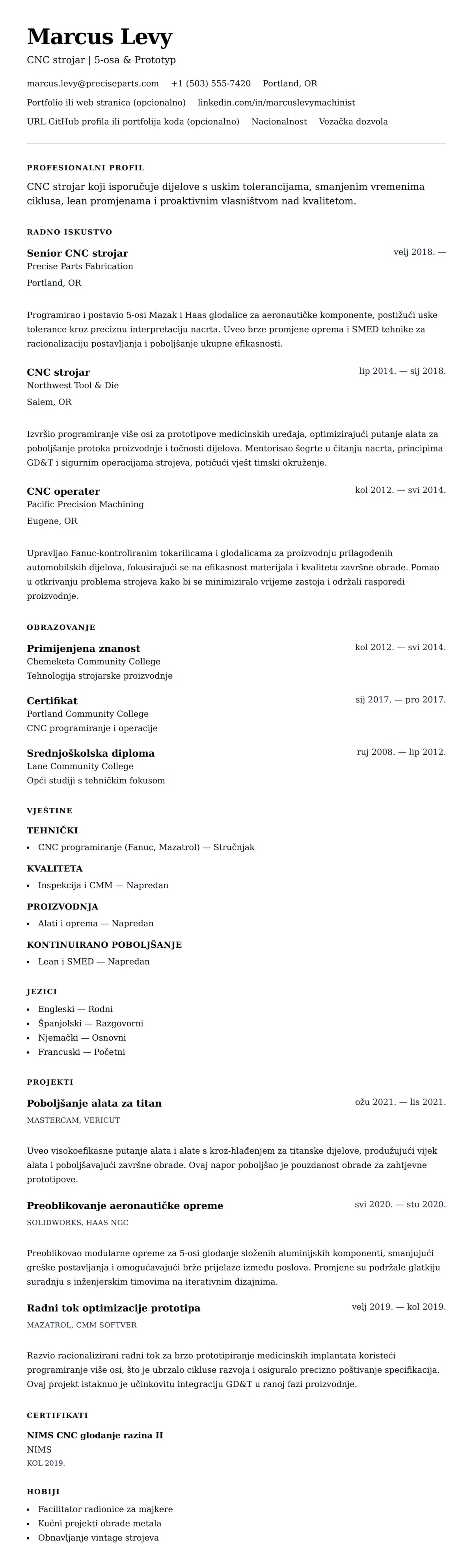 Pregled životopisa za Primjer životopisa za CNC strojara