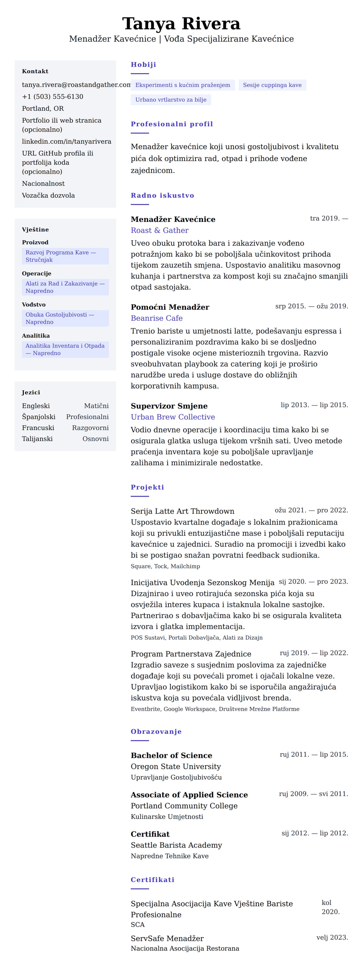 Pregled životopisa za Primjer Resumija za Menadžera Kavećnice