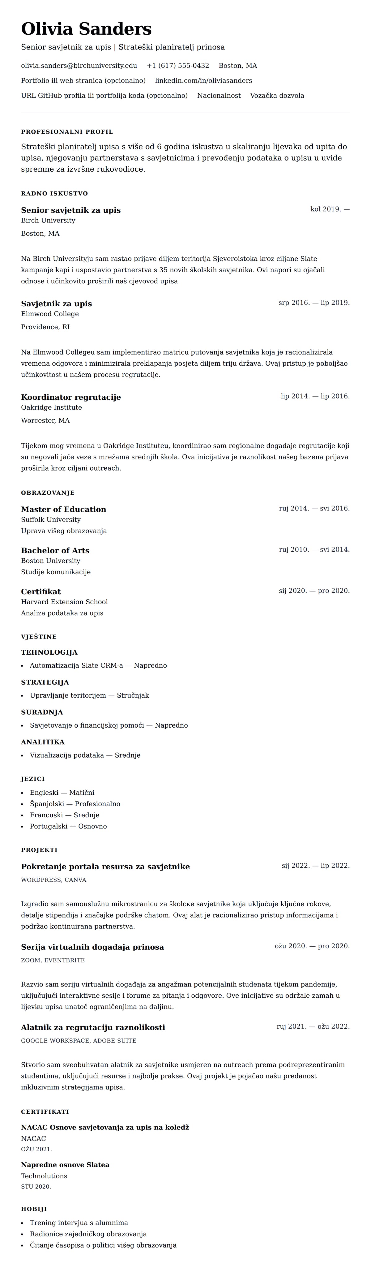 Pregled životopisa za Primjer rezimea savjetnika za upis na koledž
