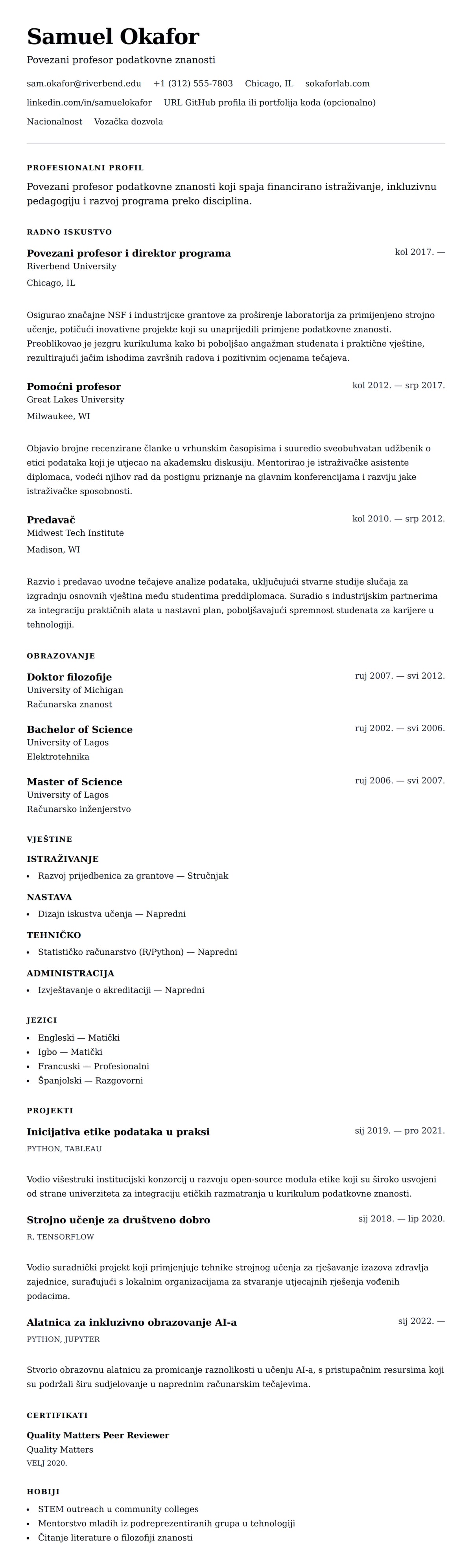 Pregled životopisa za Primjer životopisa univerzitetskog profesora