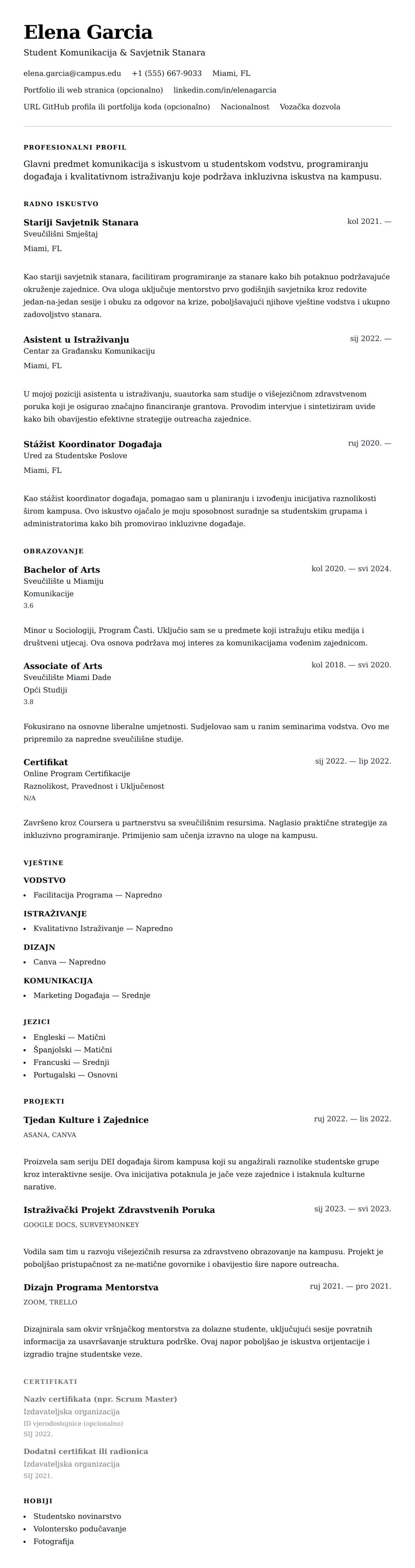 Pregled životopisa za Primjer Životopisa Studenta Sveučilišta