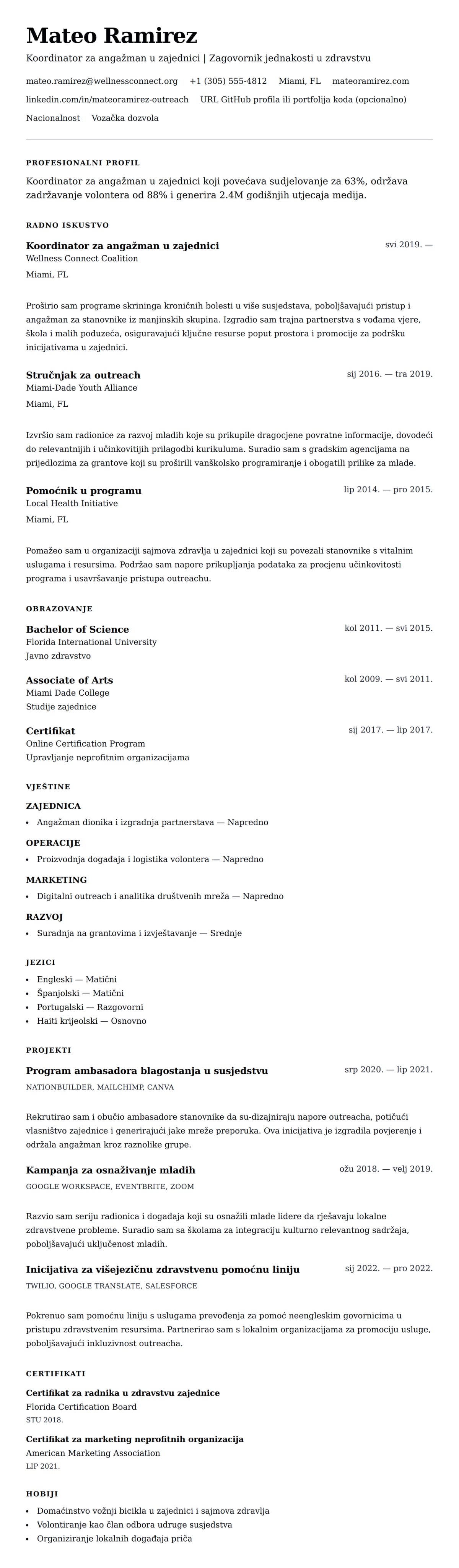 Pregled životopisa za Primjer životopisa za koordinatora za angažman u zajednici