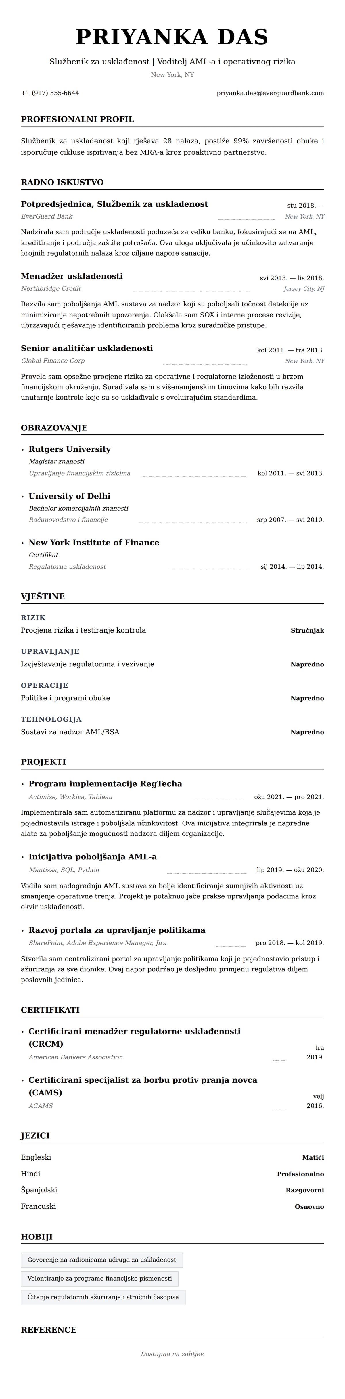 Pregled životopisa za Primjer životopisa za službenika za usklađenost