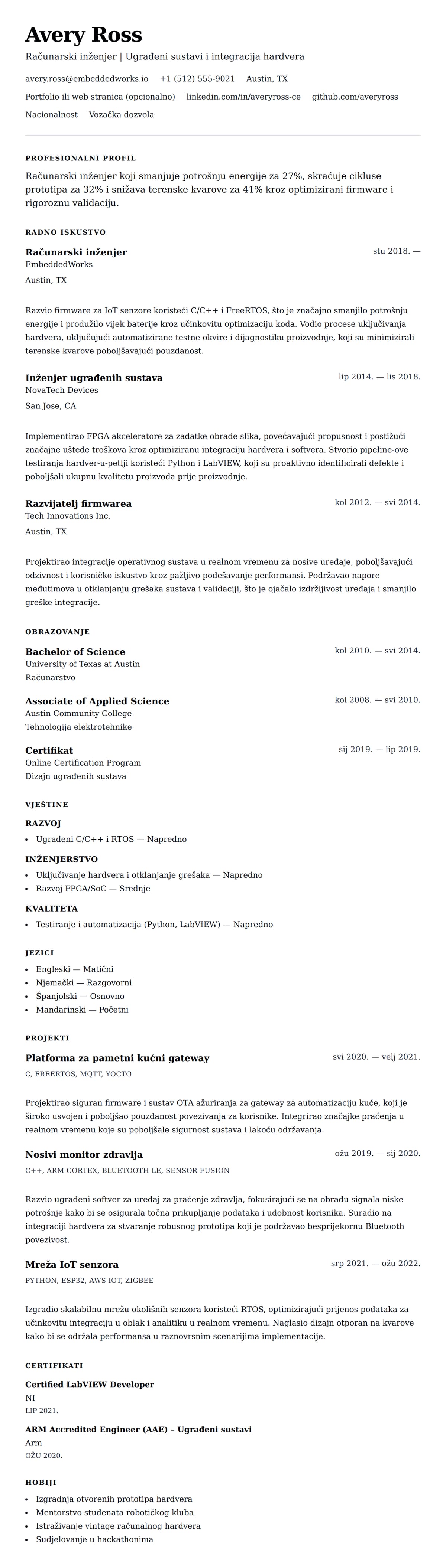 Pregled životopisa za Primjer životopisa računarskog inženjera