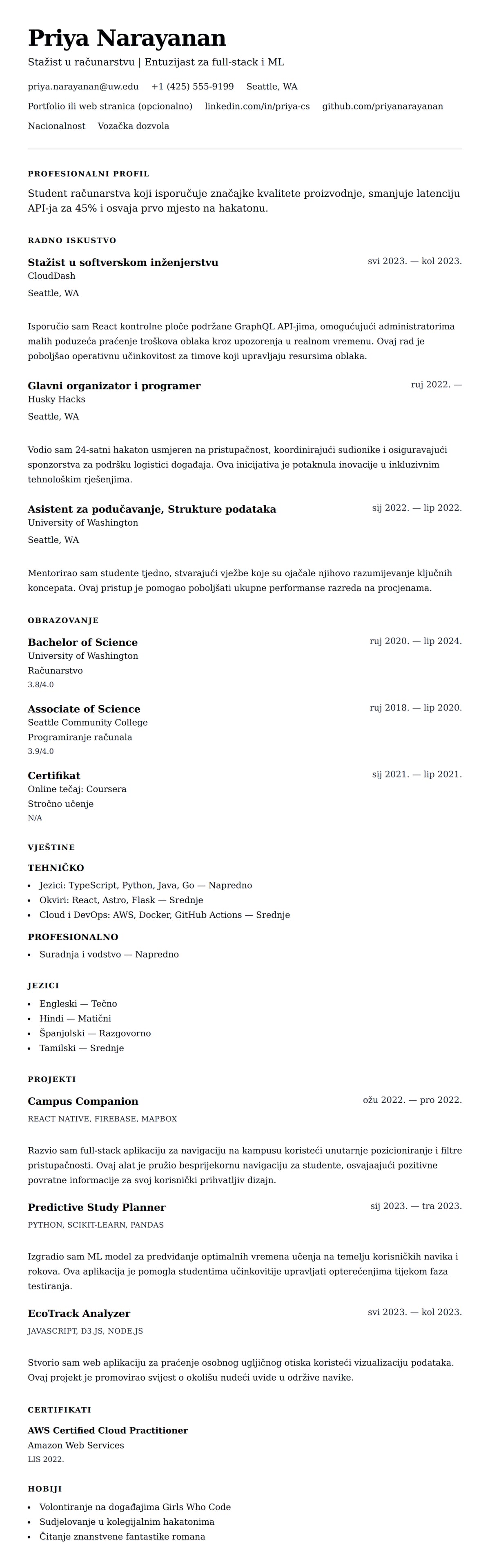 Pregled životopisa za Primjer rezimea za stažiranje u računarstvu