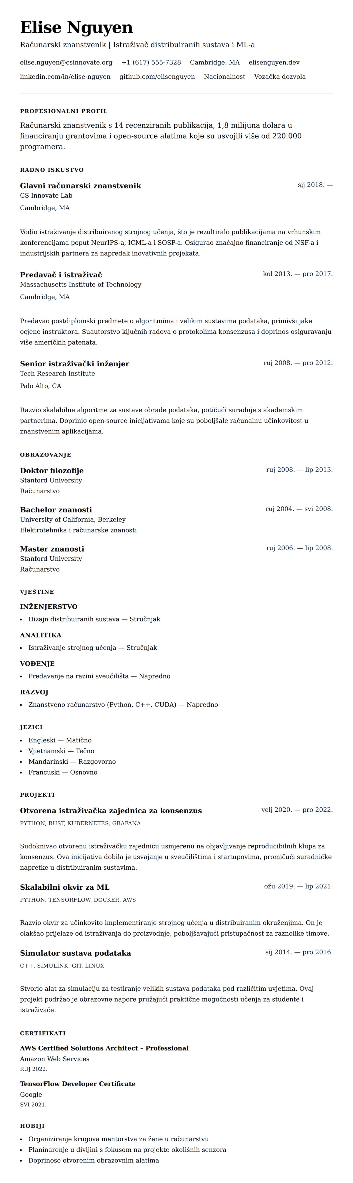 Pregled životopisa za Primjer životopisa za stručnjaka za računarstvo