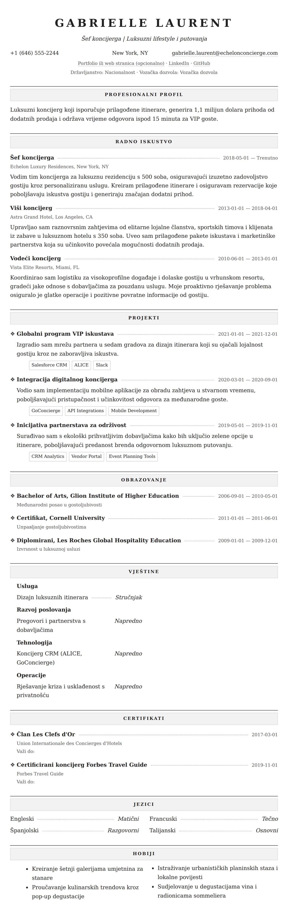 Pregled životopisa za Primjer životopisa za koncijerga