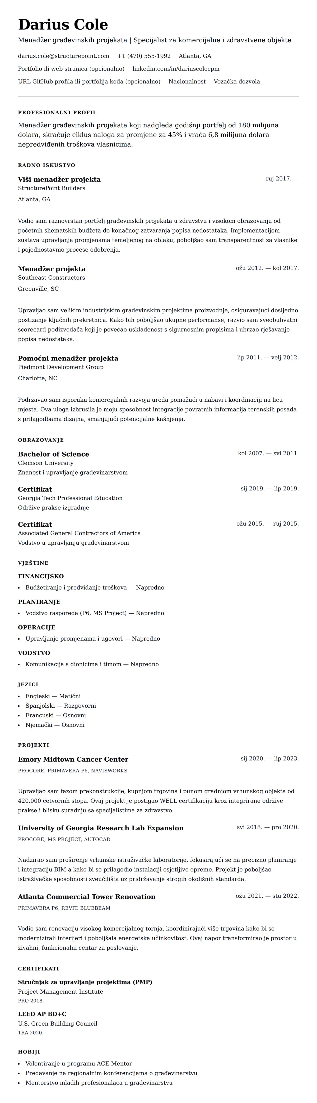 Pregled životopisa za Primjer rezimea za menadžera građevinskih projekata