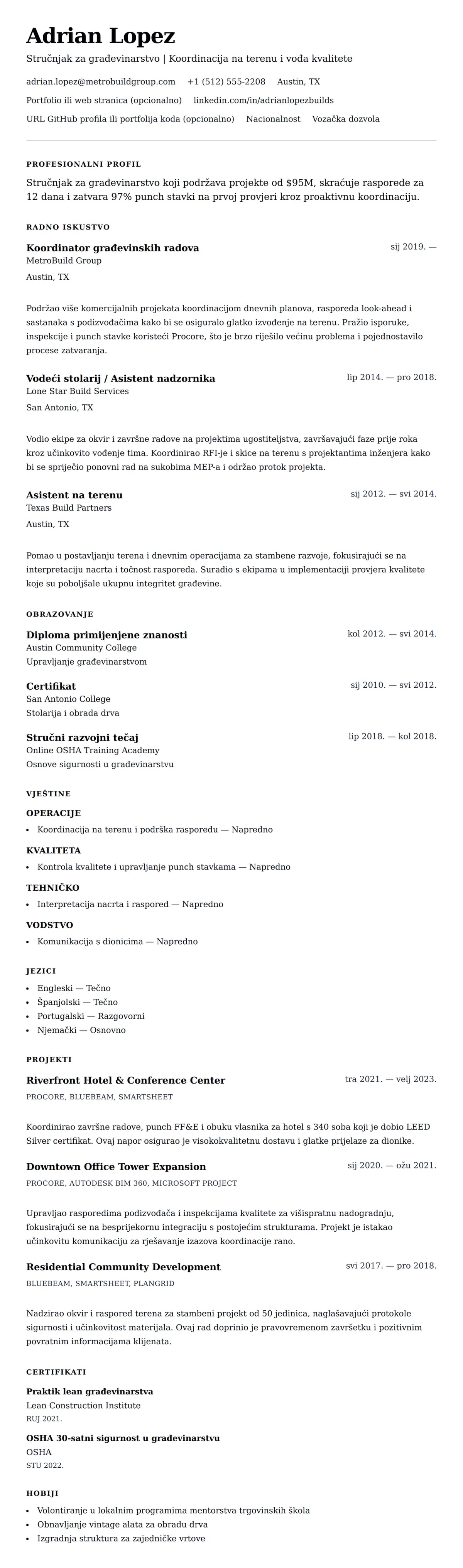 Pregled životopisa za Primjer životopisa stručnjaka za građevinarstvo