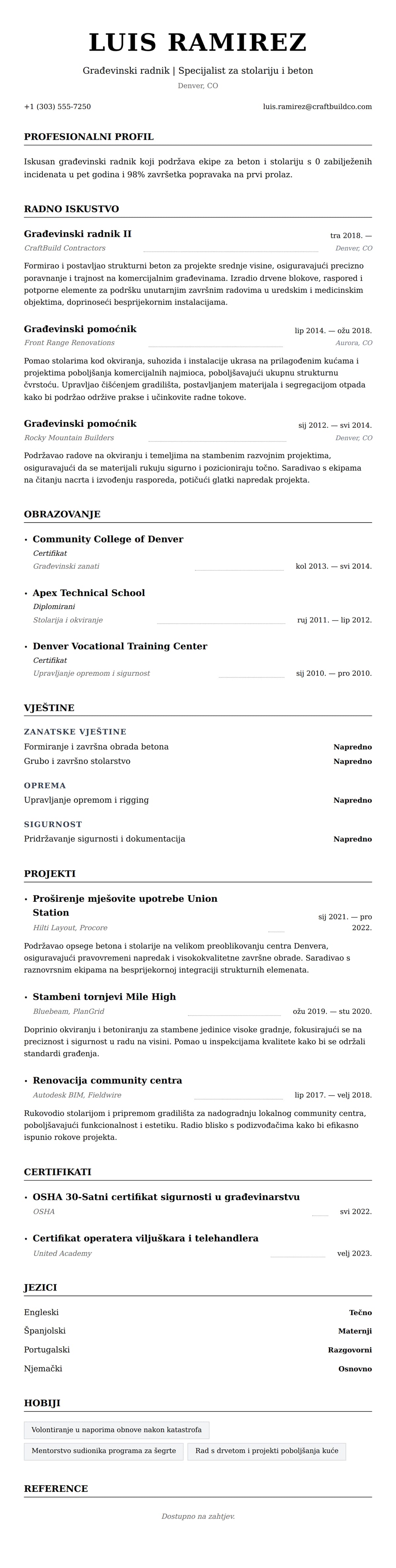 Pregled životopisa za Primjer životopisa građevinskog radnika