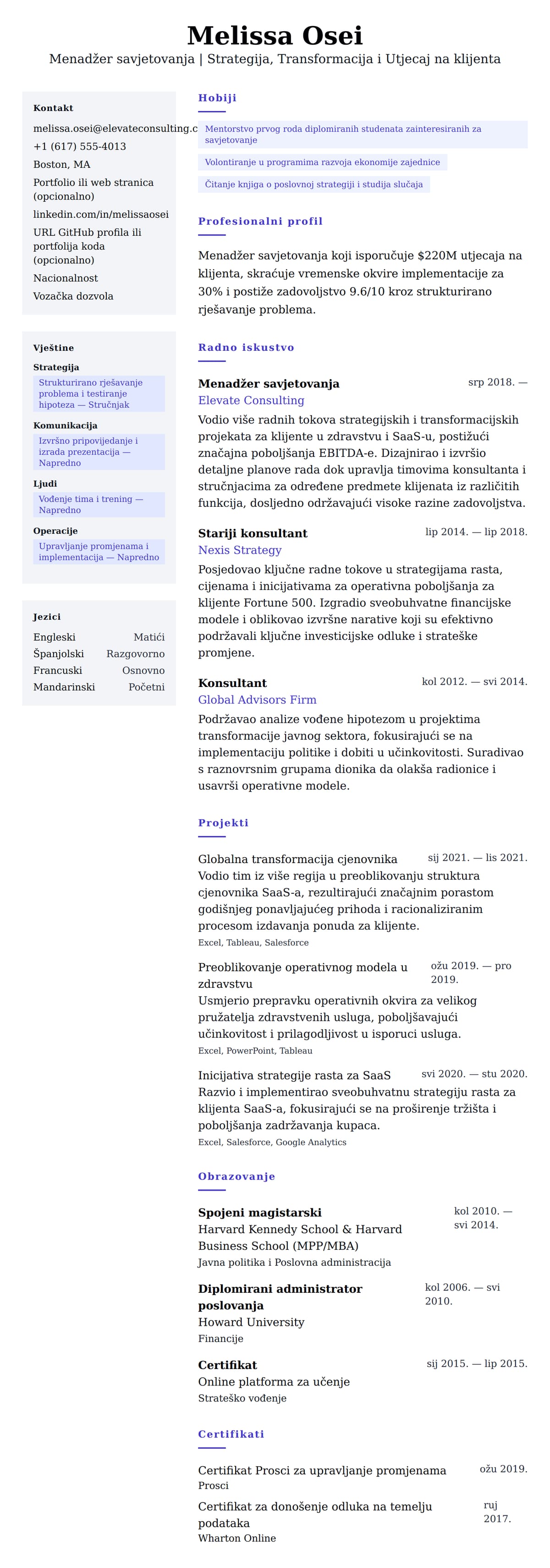 Pregled životopisa za Primjer životopisa menadžera savjetovanja