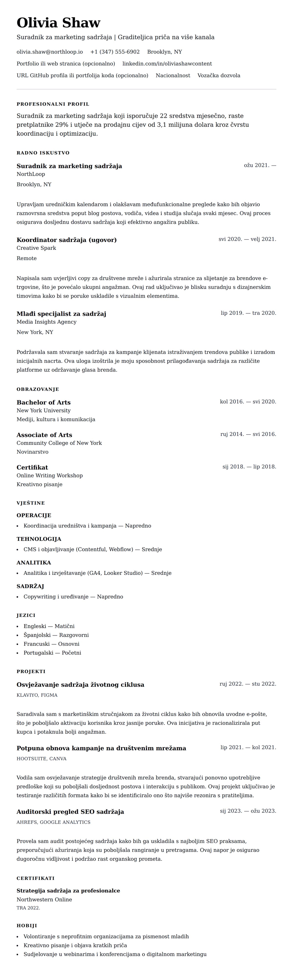 Pregled životopisa za Primjer životopisa za suradnika za marketing sadržaja