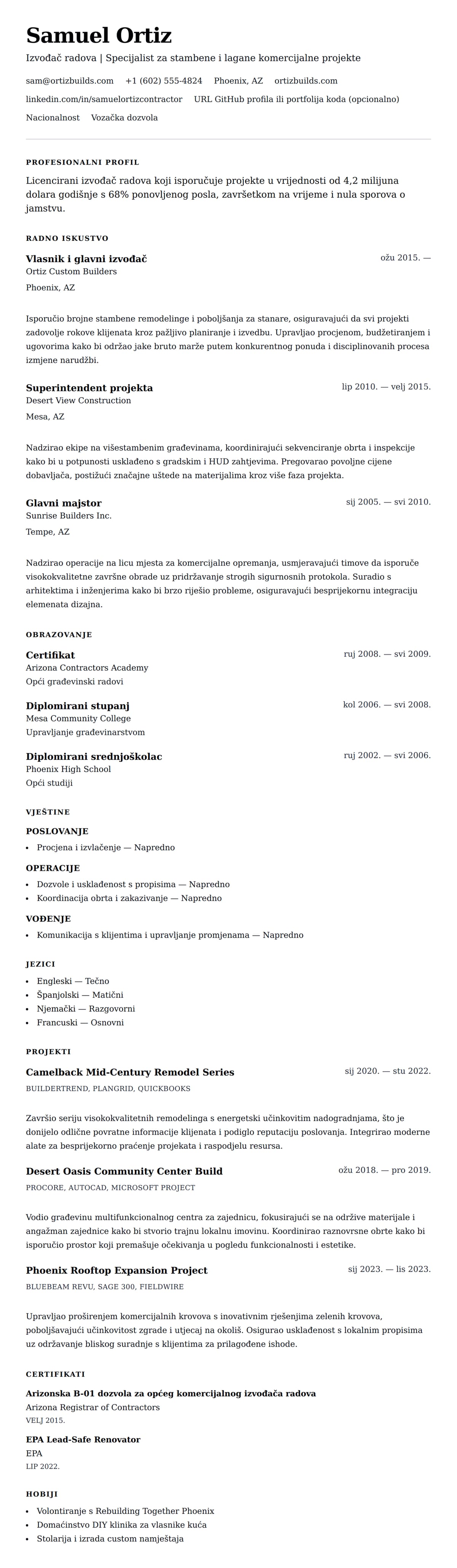 Pregled životopisa za Primjer životopisa za izvođača radova