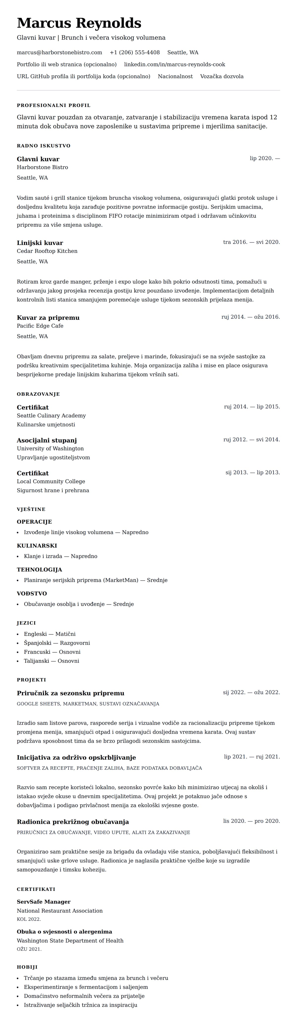 Pregled životopisa za Primjer životopisa kuvara