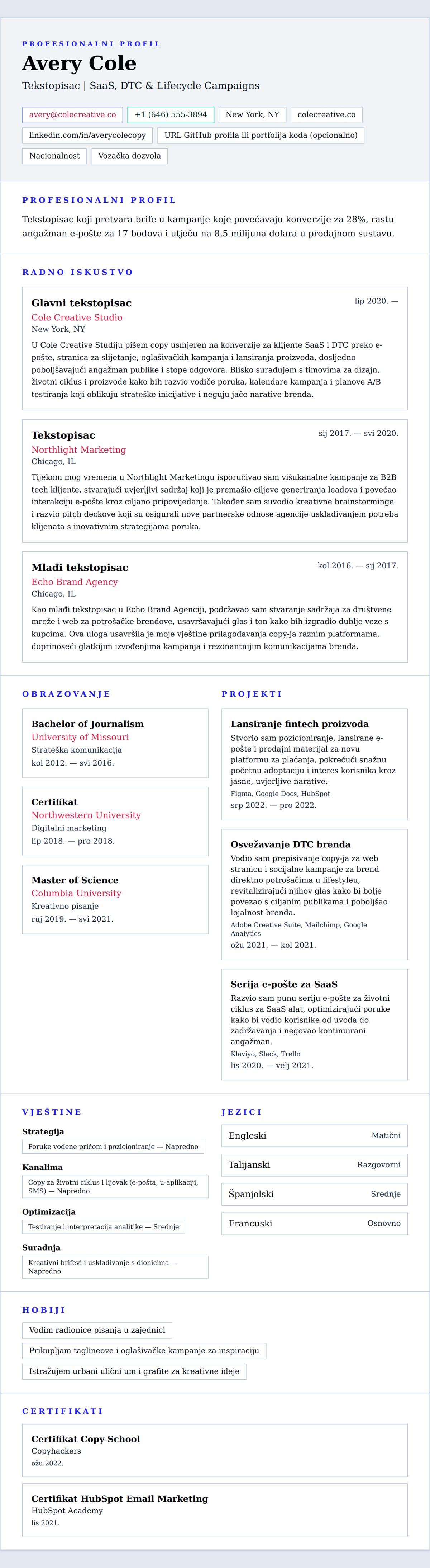 Pregled životopisa za Primjer životopisa za tekstopisca