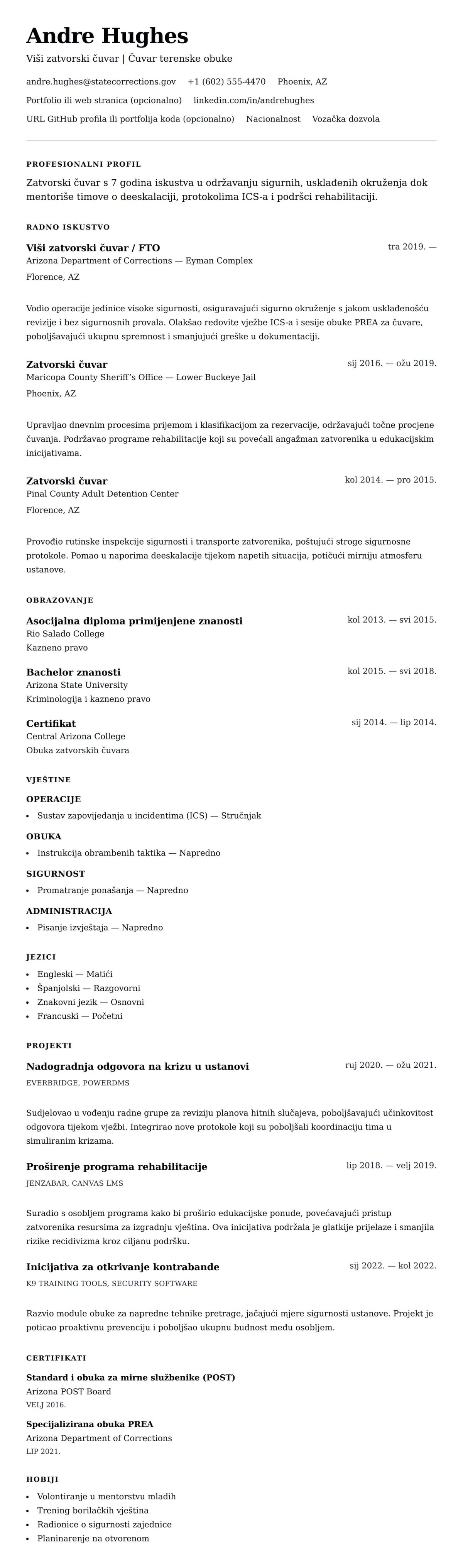 Pregled životopisa za Primjer životopisa za zatvorskog čuvara