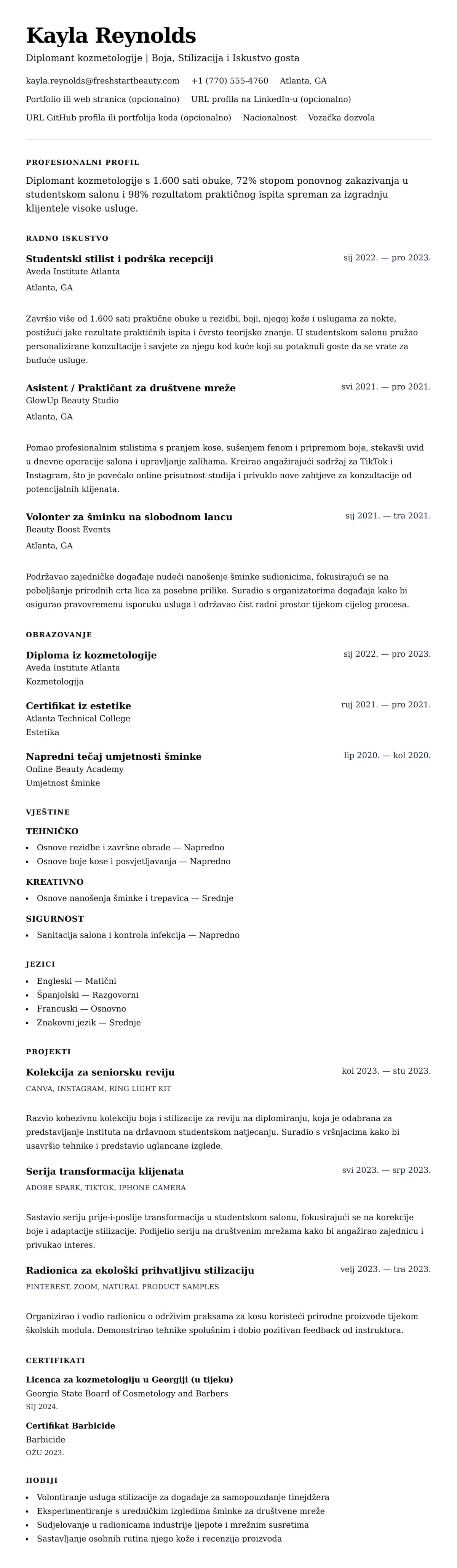 Pregled životopisa za Primjer CV-a za diplomanta kozmetologije