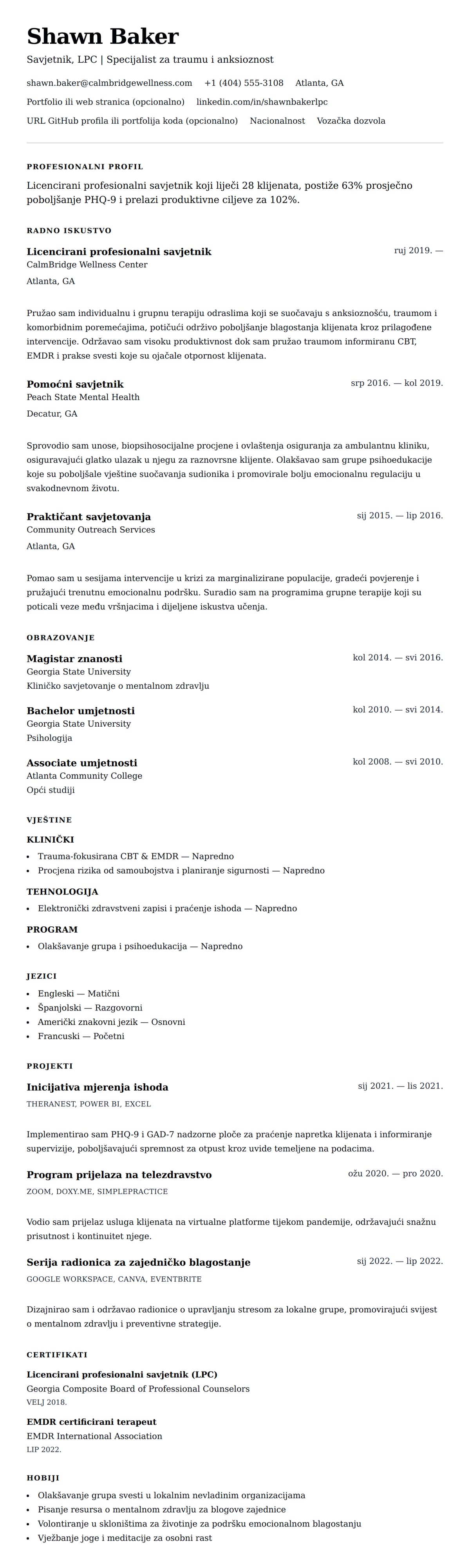 Pregled životopisa za Primjer Životopisa Savjetnika