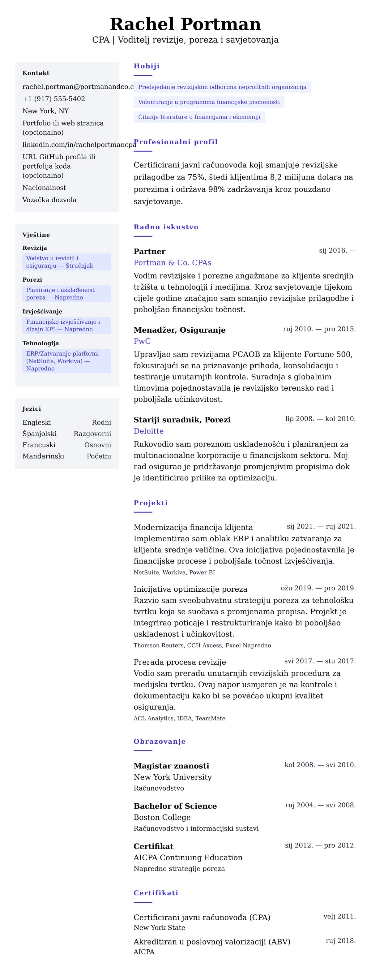 Pregled životopisa za Primjer životopisa certificiranog javnog računovođe