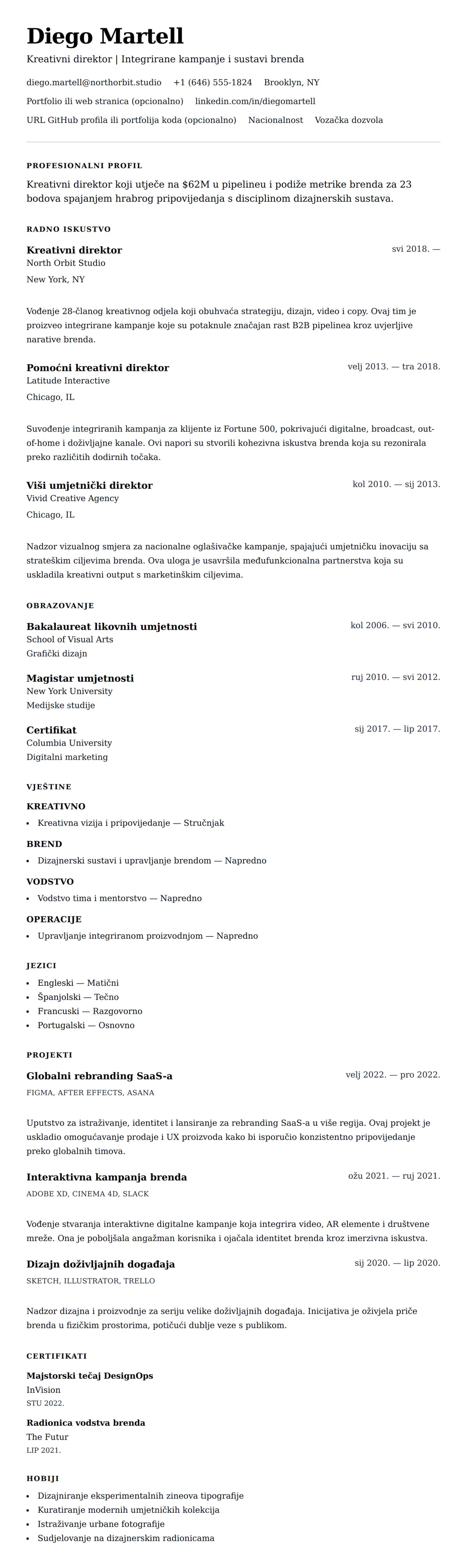 Pregled životopisa za Primjer životopisa kreativnog direktora