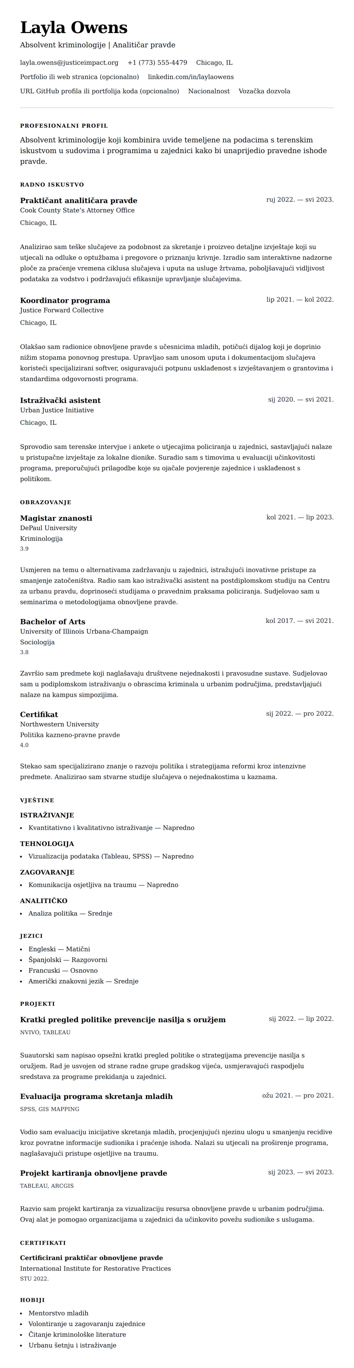 Pregled životopisa za Primjer životopisa za diplomirane kriminologe