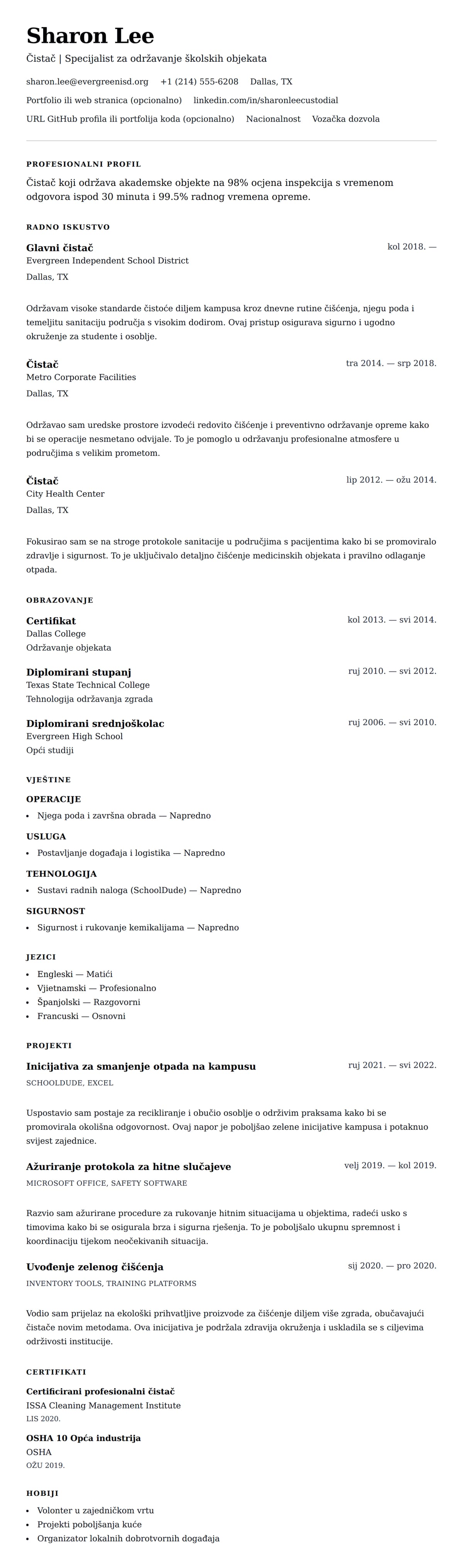 Pregled životopisa za Primjer životopisa za čistača