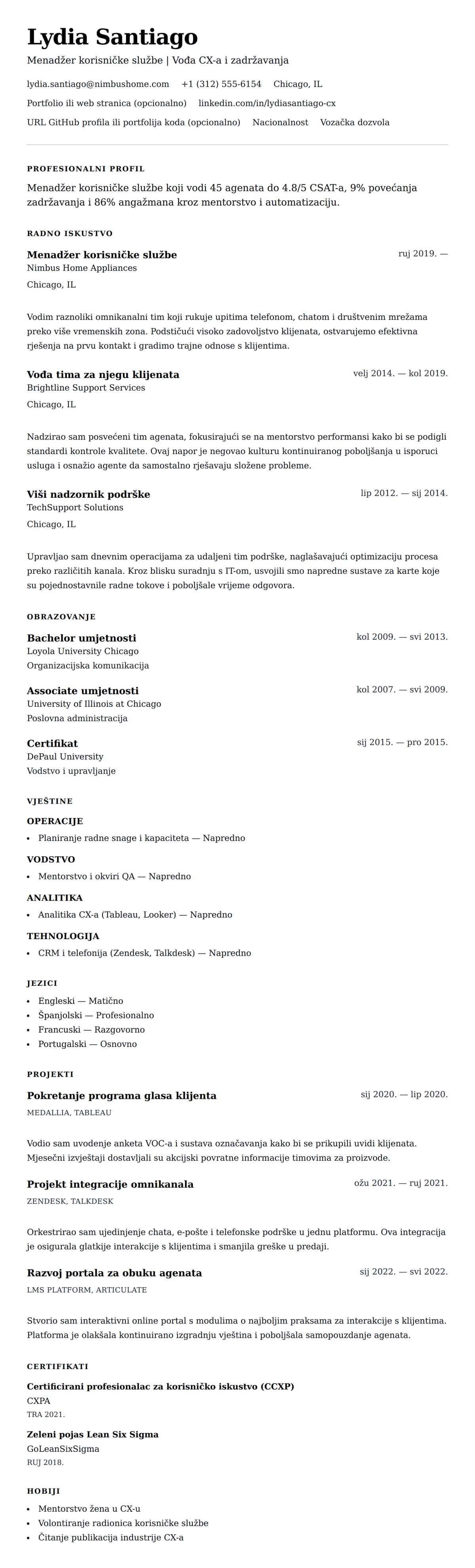 Pregled životopisa za Primjer rezimea za menadžera korisničke službe