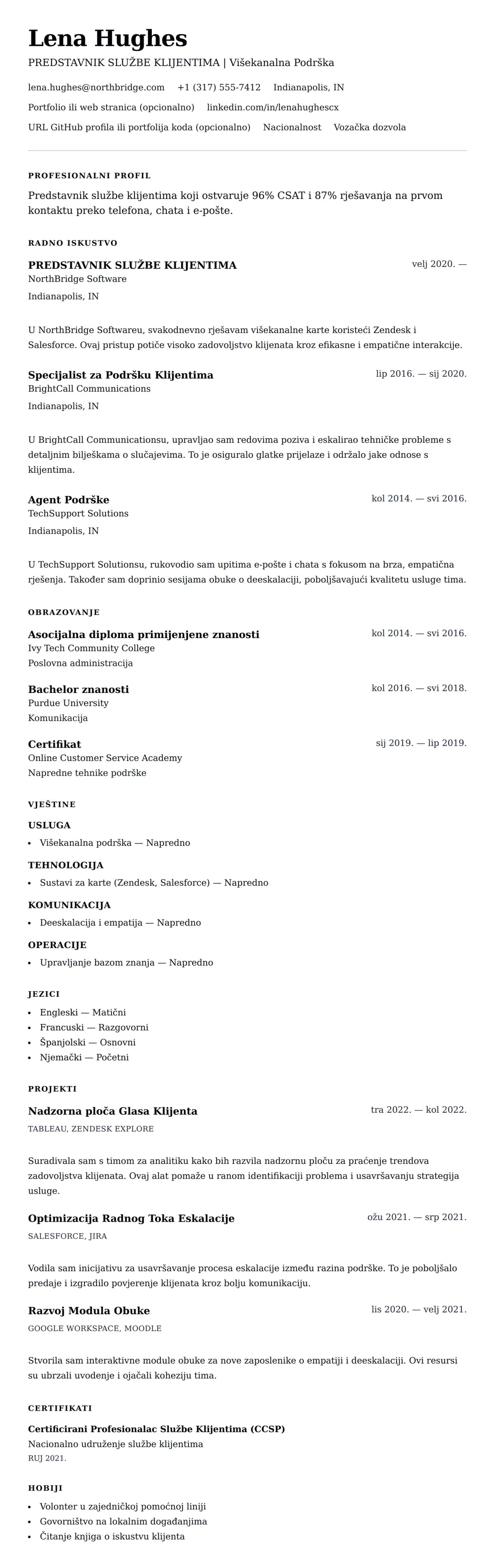 Pregled životopisa za Primjer Životopisa za Predstavnika Službe Klijentima