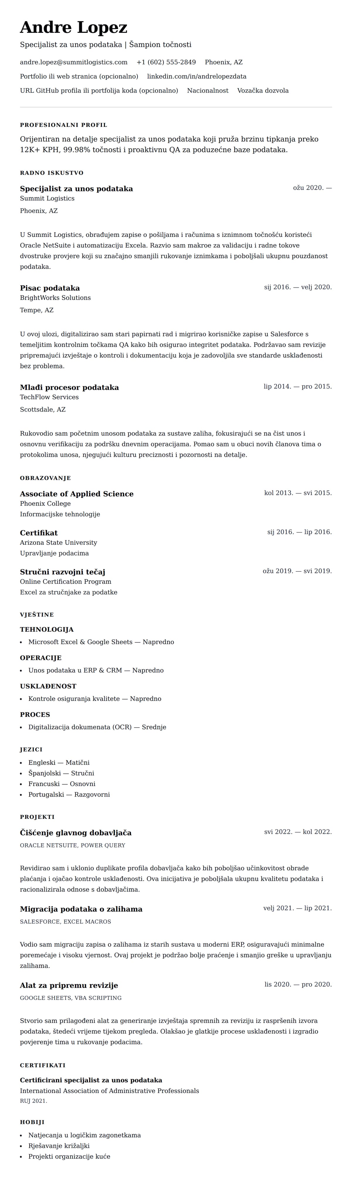 Pregled životopisa za Primjer rezimea specijalista za unos podataka