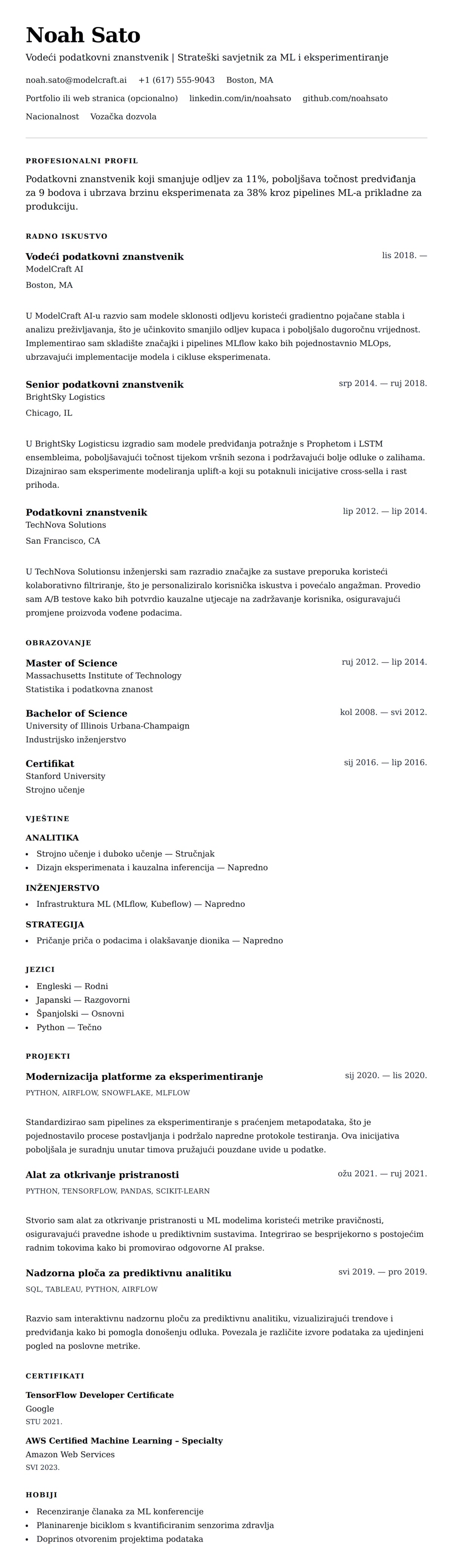 Pregled životopisa za Primjer životopisa podatkovnog znanstvenika