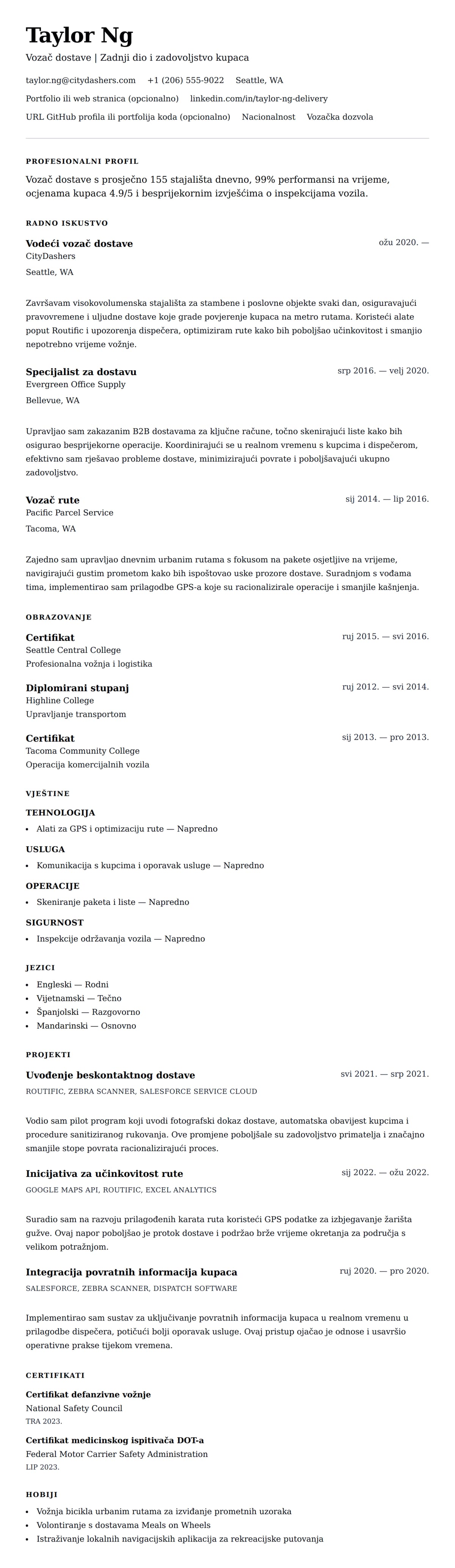 Pregled životopisa za Primjer životopisa vozača dostave