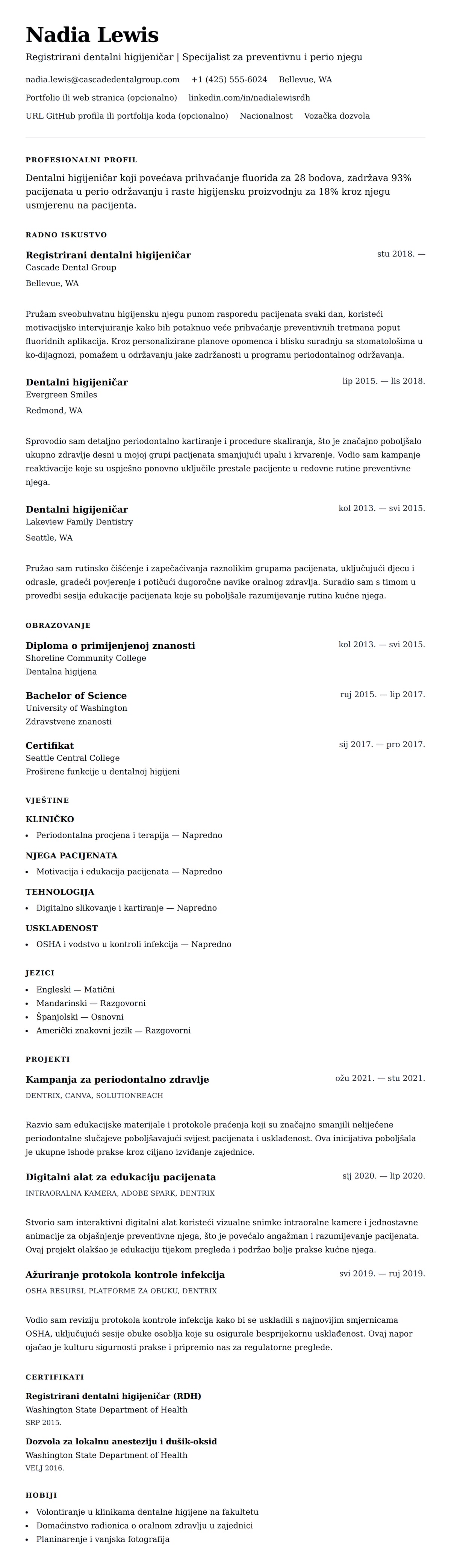 Pregled životopisa za Primjer životopisa dentalnog higijeničara