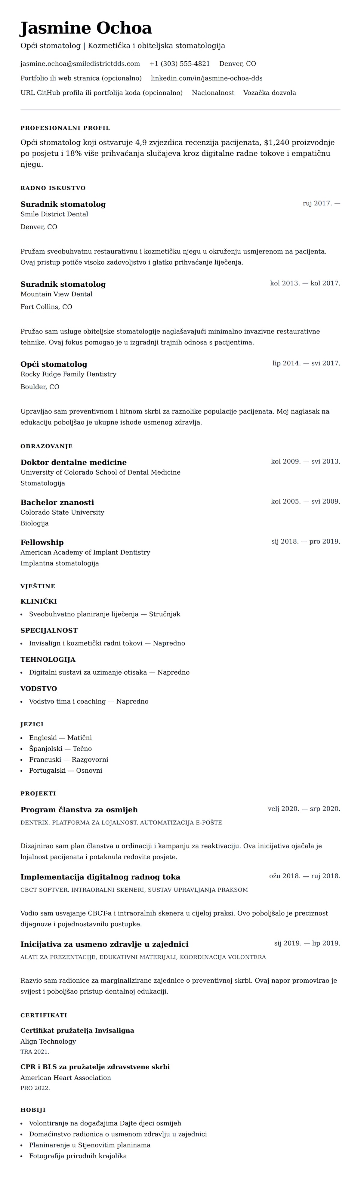 Pregled životopisa za Primjer životopisa stomatologa