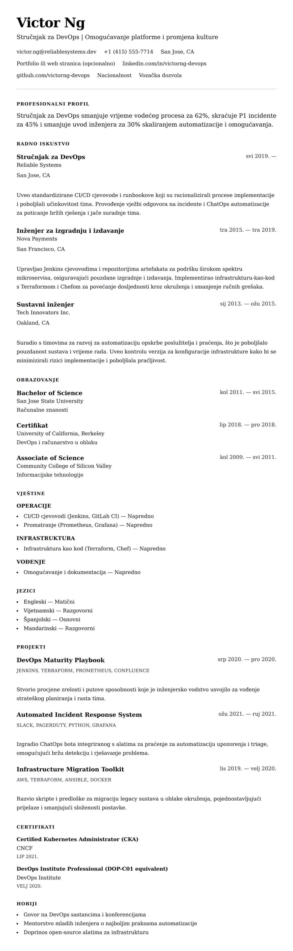 Pregled životopisa za Primjer životopisa stručnjaka za DevOps