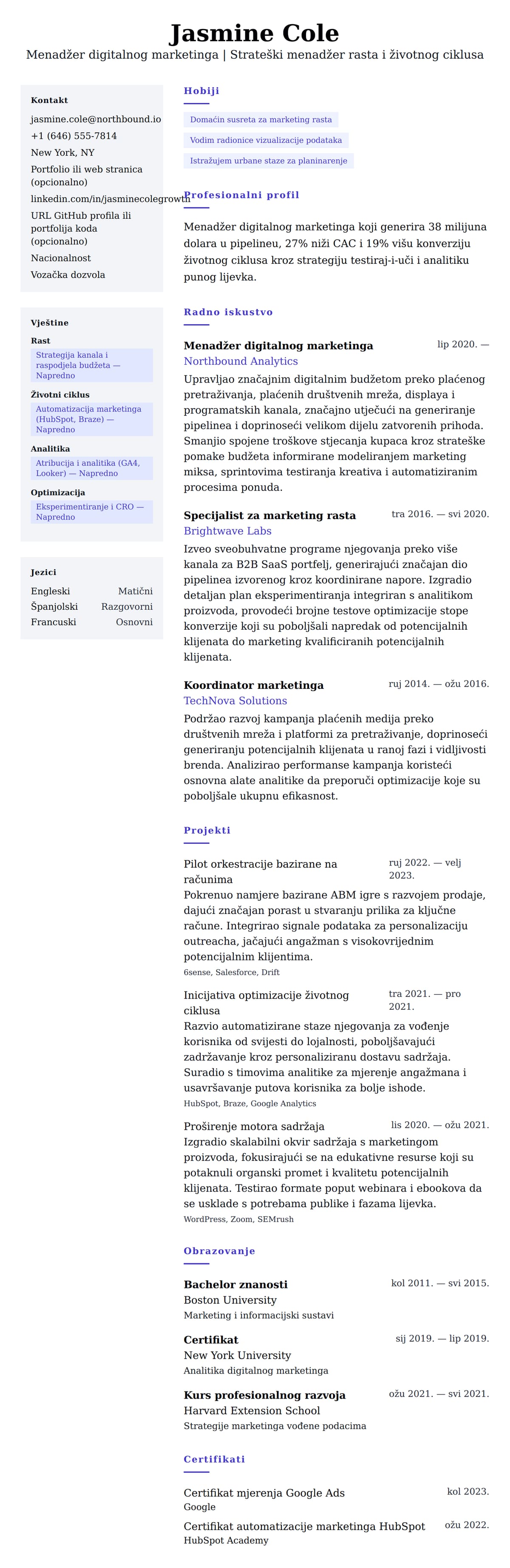Pregled životopisa za Primjer životopisa za menadžera digitalnog marketinga