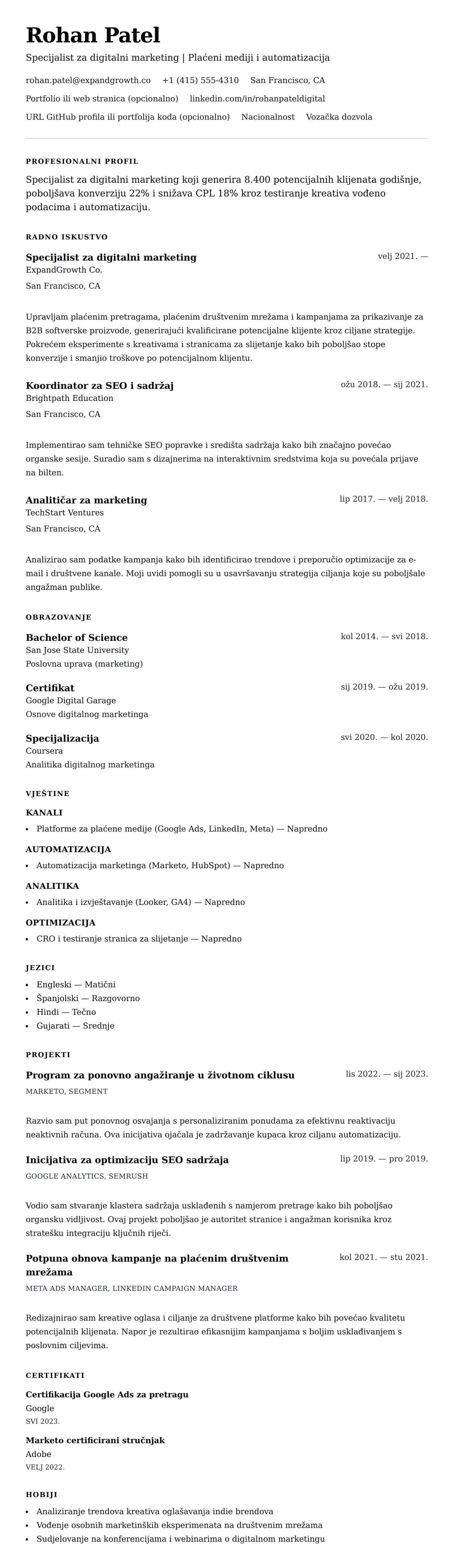 Pregled životopisa za Primjer životopisa specijalista za digitalni marketing